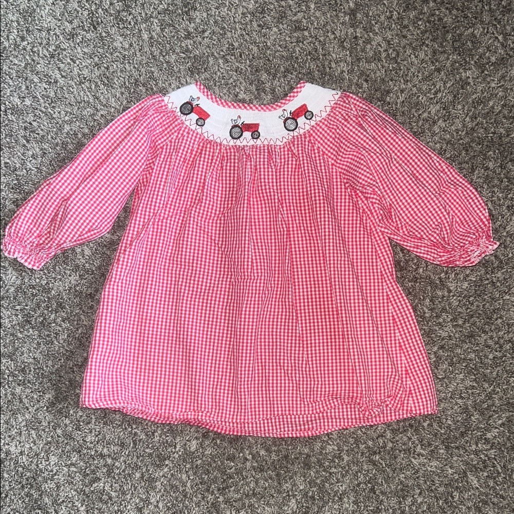 Red/Pink Gingham Smocked Peasant Top with Tractor Embroidery